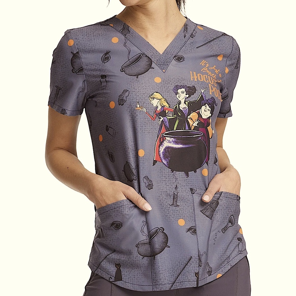🔥SALE💥HOCUS POCUS CHEROKEE SCRUBS TOONIFORMS DISNEY V NECK TOP SZ LG EUC